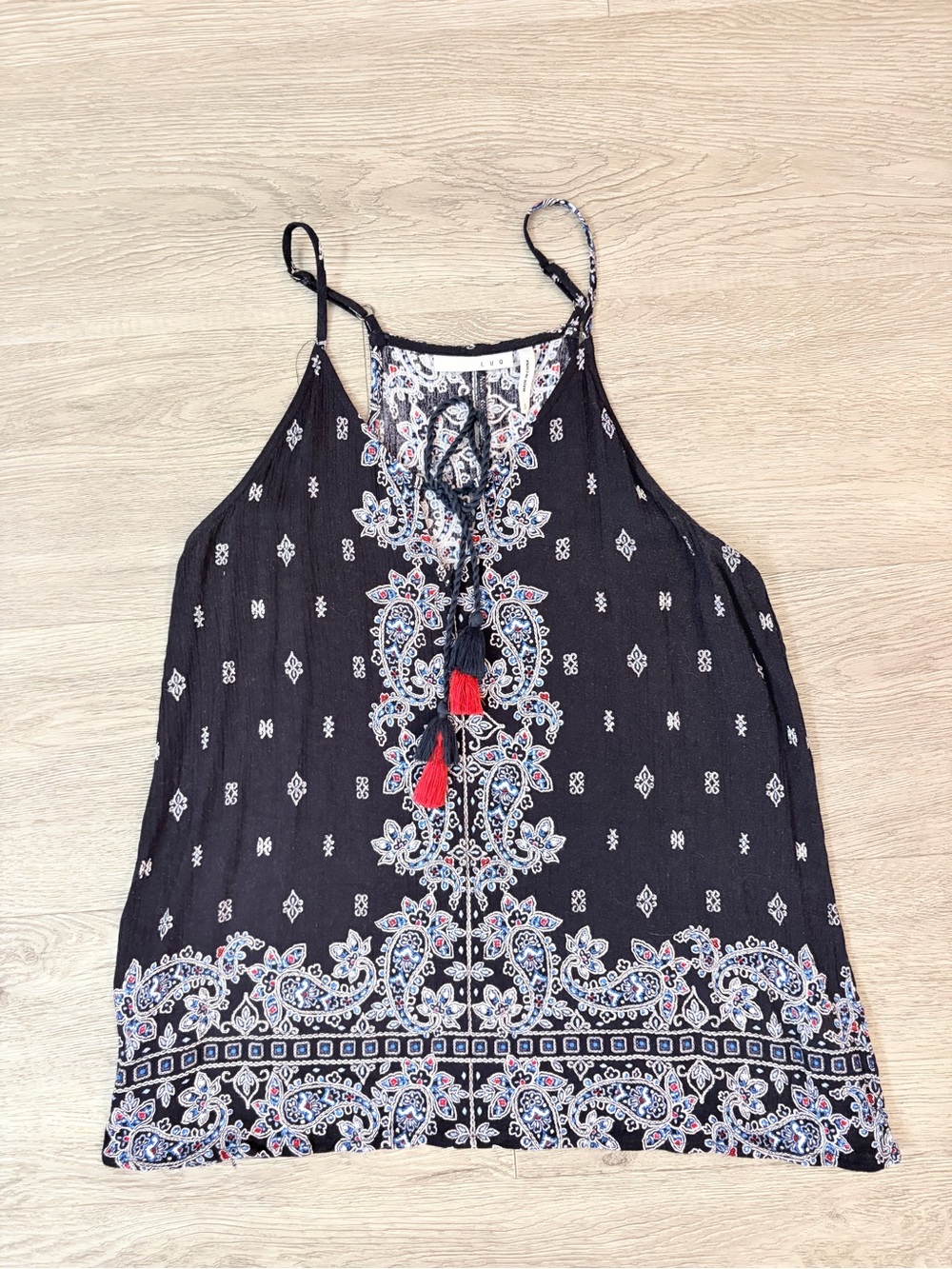 Blue Paisley Halter Tank Top with Red Tassel Accent size small adjustable straps